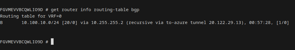 On-prem FortiGate routing table with BGP-learned Azure subnet
