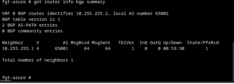 Azure FortiGate BGP summary, neighbor Established