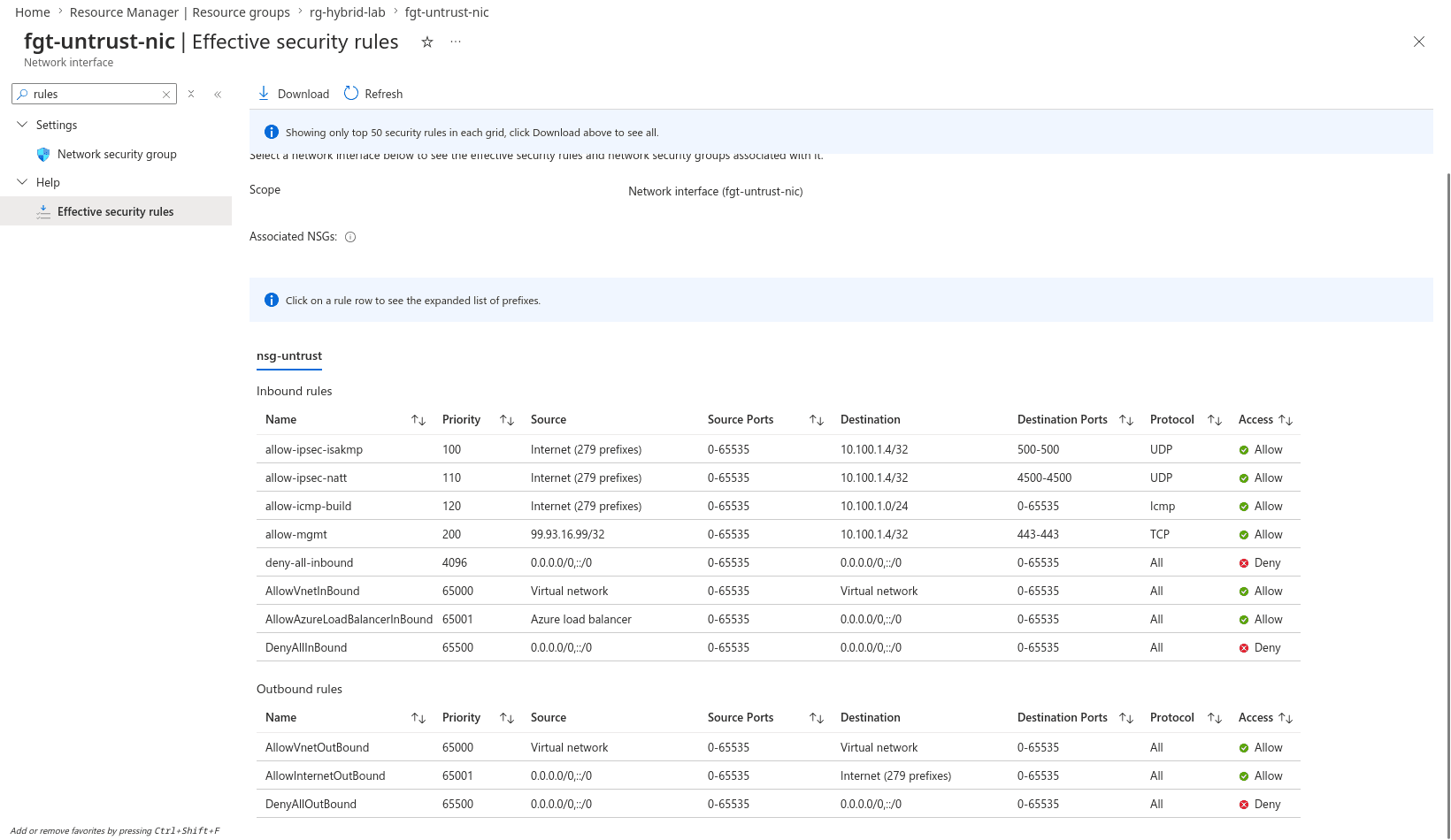 Effective security rules for the FortiGate NIC