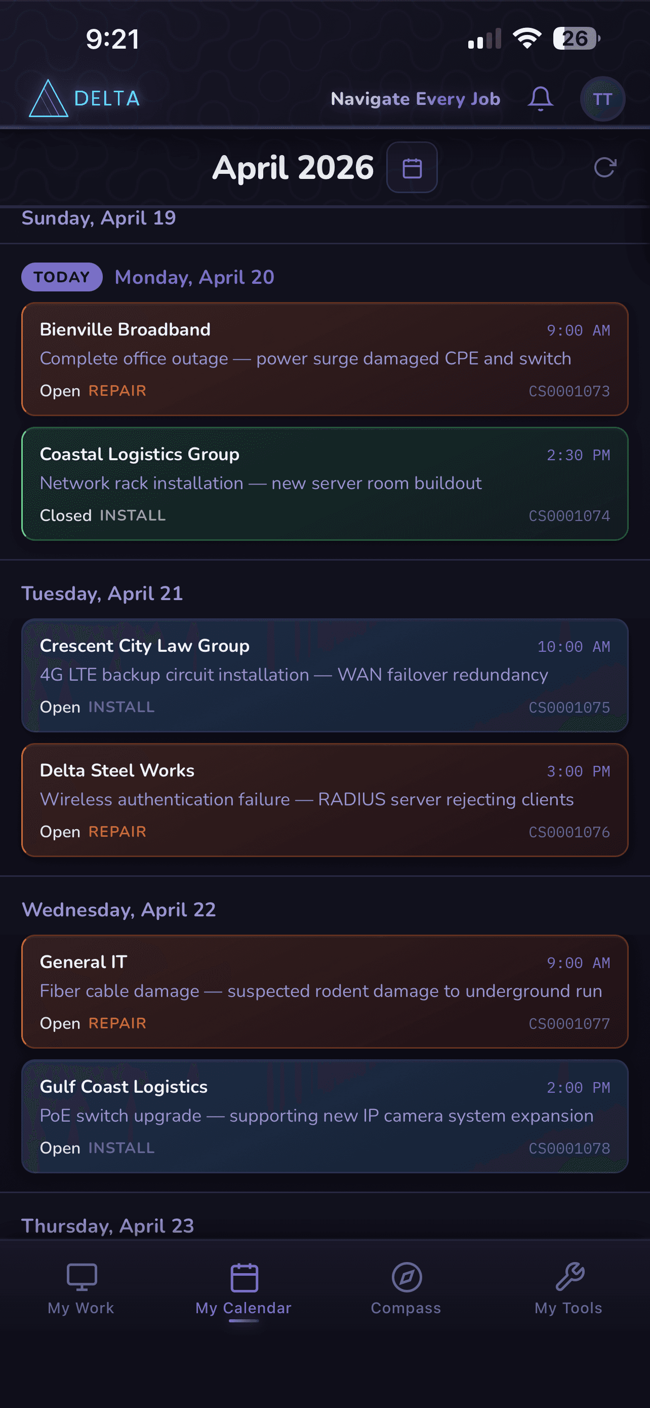 Delta app — calendar view
