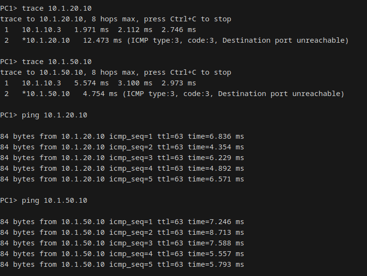 PC1 traceroute showing first-hop shift from DSW-1 to DSW-2