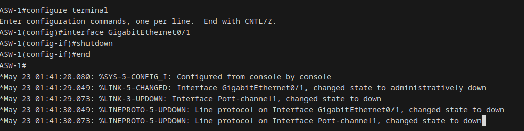 ASW-1 console showing Port-channel1 going down on last member shutdown