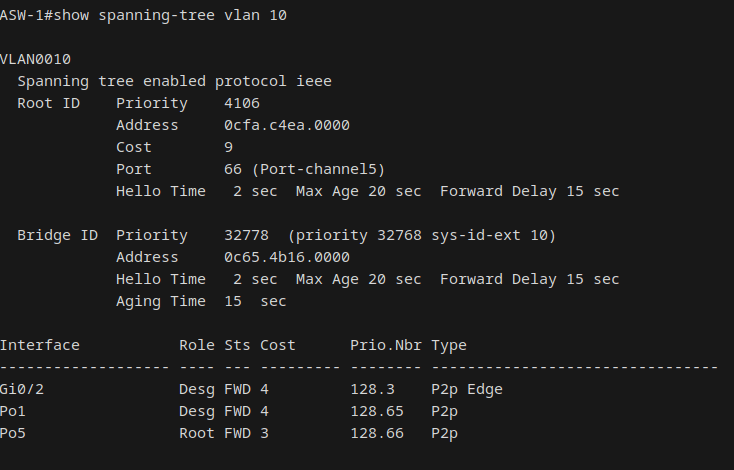 ASW-1 show spanning-tree vlan 10: root port shifted from Po1 to Po5